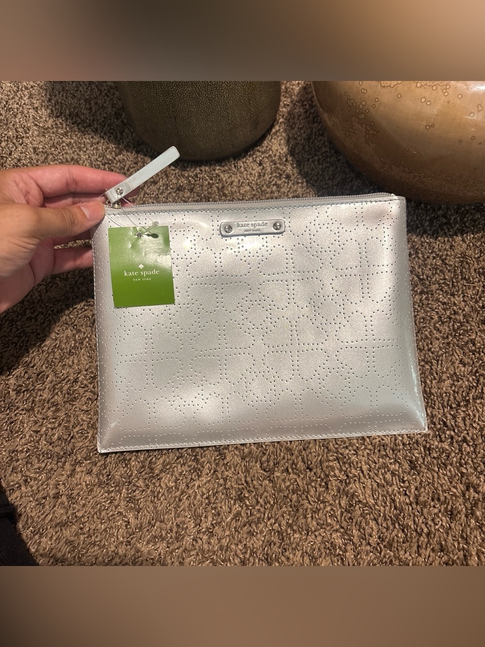 kate spade silver metallic perforated leather wristlet clutch